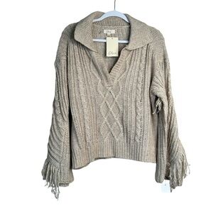 NWT ELAN MATERA SWEATER Oatmeal Tan Fringe Cable Knit M